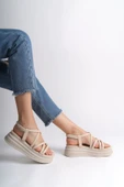 JET-BELLA Lastikli Şerit Detaylı Ortopedik Taban Kadın Sandalet CKT - Krem thumbnail 2