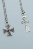2'liSembollü Ankh Anahtarı Nil’in Anahtarı Gamalı Haç Gümüş Kaplama Kolye Seti thumbnail 1