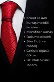 Kahverengi Piti Kare Desenli Bej Dokuma Kumaş Mendilli Slim Fit Kravat // SDK-2503-5 thumbnail 4