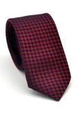 Lacivert Piti Kare Desenli Bordo Dokuma Kumaş Mendilli Slim Fit Kravat // SDK-2503-6 thumbnail 1