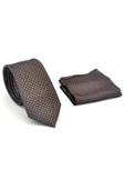 Mavi Nokta Desenli Kahverengi Dokuma Kumaş Mendilli Slim Fit Kravat // SDK-2510-5 thumbnail 2