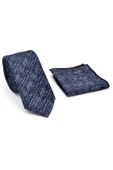 Gri Kırcıllı Desenli Lacivert Dokuma Kumaş Mendilli Slim Fit Kravat // SDK-2501-2 thumbnail 2