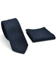 Beyaz Kırcıl Desenli Lacivert Dokuma Kumaş Mendilli Slim Fit Kravat // SDK-2504-2 thumbnail 2