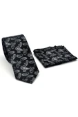Gri Şal Desenli Siyah Dokuma Kumaş Mendilli Slim Fit Kravat // SDK-2507-1 thumbnail 2