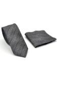 Gri Kırcıllı Desenli Füme Dokuma Kumaş Mendilli Slim Fit Kravat // SDK-2501-3 thumbnail 2