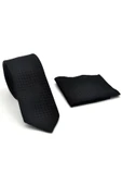 Siyah Piti Kare Desenli Siyah Dokuma Kumaş Mendilli Slim Fit Kravat // SDK-2503-1 thumbnail 2