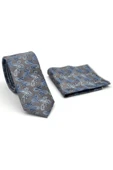 Mavi Şal Desenli Gri Dokuma Kumaş Mendilli Slim Fit Kravat // SDK-2507-4 thumbnail 2
