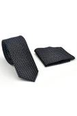 Beyaz Nokta Desenli Siyah Dokuma Kumaş Mendilli Slim Fit Kravat // SDK-2510-1 thumbnail 2
