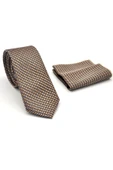 Beyaz Küçük Kare Desenli Bej Dokuma Kumaş Mendilli Slim Fit Kravat // SDK-2511-7 thumbnail 2