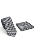 Siyah Piti Kare Desenli Beyaz Dokuma Kumaş Mendilli Slim Fit Kravat // SDK-2503-4 thumbnail 2