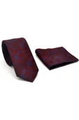 Lacivert Şal Desenli Bordo Dokuma Kumaş Mendilli Slim Fit Kravat // SDK-2507-3 thumbnail 2