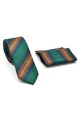 Bej Verev Desenli Zümrüt Yeşil Dokuma Kumaş Mendilli Slim Fit Kravat // SDK-2505-7 thumbnail 2