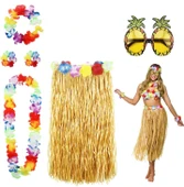 Hawaii Parti Kostüm Seti - 60 cm Hasır Etek, Çiçekli Aksesuarlar ve Ananas Gözlük - 1