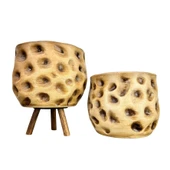 Bitki Tasarımı Ev Dekorasyon Aksesuar Naturel Desenli Toprak Saksı Saksılık Salon Çiçeklik İkili Set Ayaksız - 3 Ayaklı 19 CM - 3