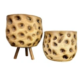 Bitki Tasarımı Ev Dekorasyon Aksesuar Naturel Desenli Toprak Saksı Saksılık Salon Çiçeklik İkili Set Ayaksız - 3 Ayaklı 19 CM - 1