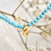 14 Ayar Altın Kaplama Minimal Elmas Kesim Turkuaz Doğal Taşlı Baş Harf Gümüş Kolye - NGS00109 - 3