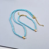 14 Ayar Altın Kaplama Minimal Elmas Kesim Turkuaz Doğal Taşlı Baş Harf Gümüş Kolye - NGS00109 - 5