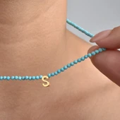 14 Ayar Altın Kaplama Minimal Elmas Kesim Turkuaz Doğal Taşlı Baş Harf Gümüş Kolye - NGS00109 - 6