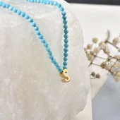 14 Ayar Altın Kaplama Minimal Elmas Kesim Turkuaz Doğal Taşlı Baş Harf Gümüş Kolye - NGS00109 - 1