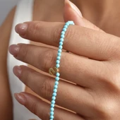 14 Ayar Altın Kaplama Minimal Elmas Kesim Turkuaz Doğal Taşlı Baş Harf Gümüş Bileklik - BGS00104 - 2