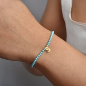 14 Ayar Altın Kaplama Minimal Elmas Kesim Turkuaz Doğal Taşlı Baş Harf Gümüş Bileklik - BGS00104 - 3