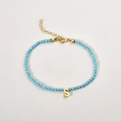 14 Ayar Altın Kaplama Minimal Elmas Kesim Turkuaz Doğal Taşlı Baş Harf Gümüş Bileklik - BGS00104 - 1