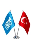 Özcan Tasarım Kişiye Özel Masa Bayrağı - Firmaya Özel Çift Direkli Logolu Masa Üstü Bayrak thumbnail 1