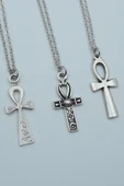 3'lü Antik Mısır Sembolü Ankh Anahtarı Gümüş Kaplama Kolye Seti thumbnail 1