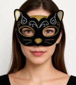 Kadife Dokulu Sim Detaylı Işıltılı Kedi Maskesi Altın Gümüş 20x13 cm thumbnail 1