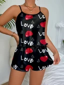 Ask Temalı Kalp Desenli Saten Şortlu Gecelik - 2