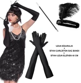 1920'ler Gatsby Aksesuar Seti – Siyah Charleston Saç Bandı, Uzun Eldiven & Sigaralık thumbnail 1