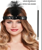 1920'ler Gatsby Aksesuar Seti – Siyah Charleston Saç Bandı & Sigaralık thumbnail 3