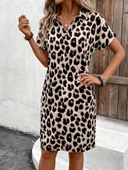 Lucky Life Kadın Kısa Kollu Yakalı Leopar Desenli Süprem Elbise thumbnail 4