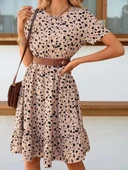 Lucky Life Kadın Kısa Kollu Bisiklet Yaka Desenli Süprem Elbise thumbnail 5