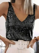 Pul Payetli Sıfır Kol Bluz -Siyah thumbnail 2