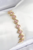 Pirinç Zirkon Taşlı Pembe Yonca Baget Model Gold Renk VIP Seri Kadın Bileklik - TJ-BB7506 thumbnail 1