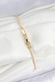 Pirinç Zirkon Taşlı Kare Model Gold Renk Kadın Bilekilk - TJ-BB7660 thumbnail 2