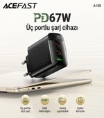 Acefast 67W PD 2X USB-C + USB-A 3 Port Hızlı Şarj Aleti Isı Düşüren GaN Destekli Akım Korumalı Güç Adaptörü iPhone & Android & iPad & MacBook Type-C - A108 - 8