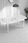 Kaktüs Avm Milas Serisi 80 x 132 Açılabilen Beyaz Mermer MDF Mutfak Masası, Yemek Masası Metal Ayak - 2