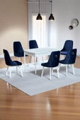 Kaktüs Avm Sonata Beyaz 80 x 132 Açılabilen MDF Masa Metal Ayaklı Mutfak Masası Takımı 6 Lacivert Sandalye - 1
