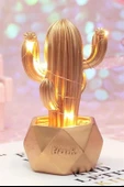 Led Işıklı Sevimli Kaktüs Dekoratif Masa Lambası Mini Biblo Gece Lambası-GOLD thumbnail 8