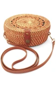 El Yapımı Hasır Rattan Desenli Yuvarlak Kutu Çanta thumbnail 1