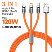 3'ü 1 Arada 120W Destekli Hızlı Şarj Kablosu  TypeC iPhone, Micro USB - 1