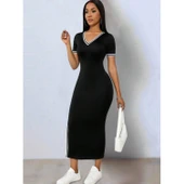 Lucky Life Kadın Kısa Kollu V Yakalı Yandan Yırtmaçlı Viskon Iki Iplik Elbise - 4