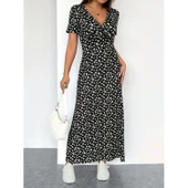 Lucky Life Kadın Kısa Kollu Kruvaze Yakalı çiçek Desenli Süprem Elbise - 6