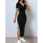 Lucky Life Kadın Kısa Kollu V Yakalı Yandan Yırtmaçlı Viskon Iki Iplik Elbise - 6