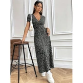 Lucky Life Kadın Kısa Kollu Kruvaze Yakalı çiçek Desenli Süprem Elbise - 2