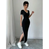 Lucky Life Kadın Kısa Kollu V Yakalı Yandan Yırtmaçlı Viskon Iki Iplik Elbise - 3