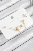 Pirinç Zirkon Taşlı Kelebek Model Gold Renk 925 Ayar Gümüş Çivi Kadın Küpe Set - 1