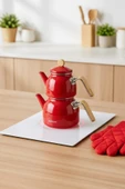 Sultan - Bambu Kulplu Emaye Çaydanlık Takımı Kırmızı thumbnail 2